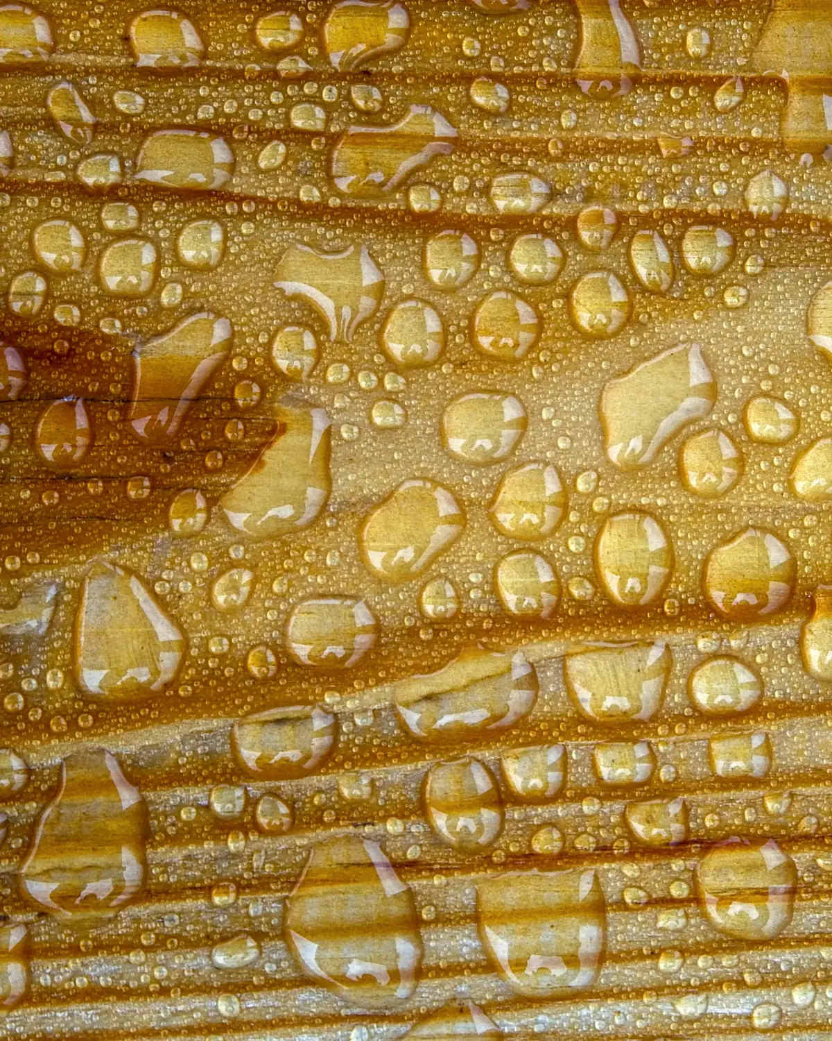 Gouttes d'eau sur du bois doré, en gros plan : photo d'illustration